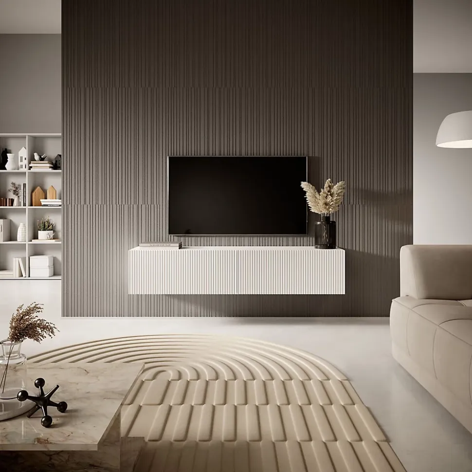 Meuble TV suspendu 140 cm blanc avec façade fraisée Veldio