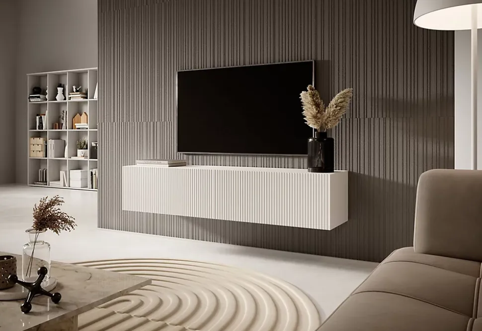 Meuble TV suspendu 140 cm blanc avec façade fraisée Veldio
