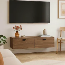 Meuble TV suspendu 120 cm industriel bois foncé Oviala