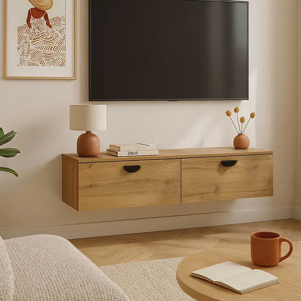 Meuble TV suspendu 120 cm industriel bois Oviala