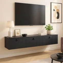 Meuble TV suspendu 200 cm moderne noir Oviala