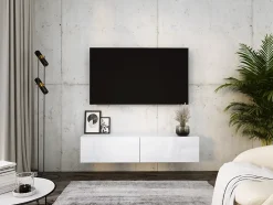 Meuble TV Suspendu, 140 X 34 X 32 Cm, Blanc / Blanc Brillant