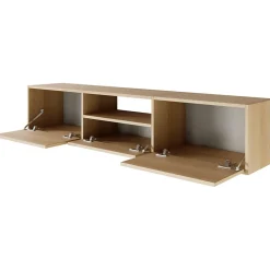 Meuble TV suspendu a 3 abattants et etagere aspect chene 150 cm FRAMME