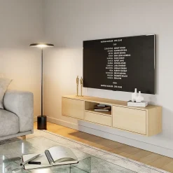 Meuble TV suspendu a 3 abattants et etagere aspect chene 150 cm FRAMME