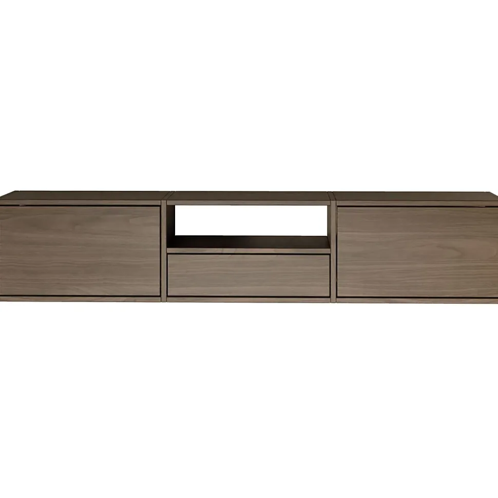 Meuble TV suspendu a 3 abattants et etagere aspect noyer 150 cm FRAMME