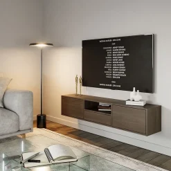 Meuble TV suspendu a 3 abattants et etagere aspect noyer 150 cm FRAMME