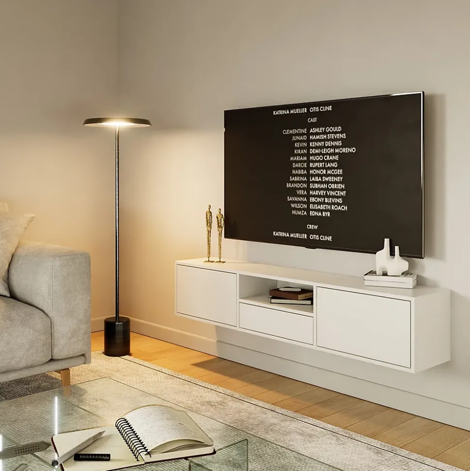 Meuble TV suspendu a 3 abattants et etagere blanc 150 cm FRAMME