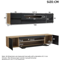 Meuble TV Suspendu avec 2 Portes et 1 Abattante, LED Contrôlable, Panneau de Particules, 180x37x36 cm - Noir + Bois Naturel
