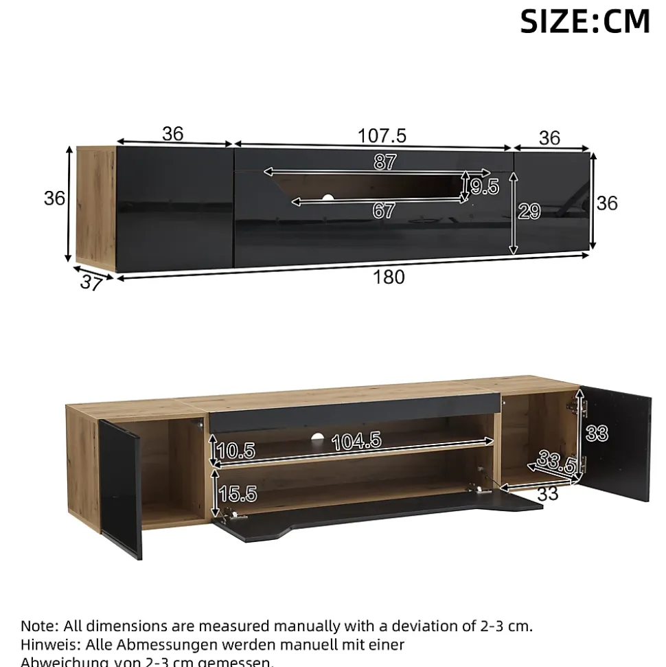 Meuble TV Suspendu avec 2 Portes et 1 Abattante, LED Contrôlable, Panneau de Particules, 180x37x36 cm - Noir + Bois Naturel