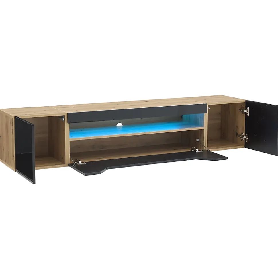 Meuble TV Suspendu avec 2 Portes et 1 Abattante, LED Contrôlable, Panneau de Particules, 180x37x36 cm - Noir + Bois Naturel