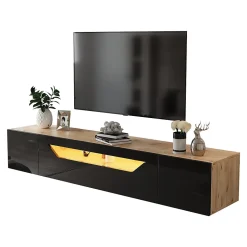 Meuble TV Suspendu avec 2 Portes et 1 Abattante, LED Contrôlable, Panneau de Particules, 180x37x36 cm - Noir + Bois Naturel