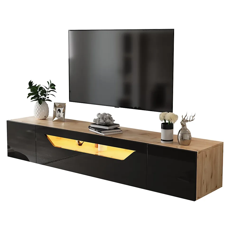 Meuble TV Suspendu avec 2 Portes et 1 Abattante, LED Contrôlable, Panneau de Particules, 180x37x36 cm - Noir + Bois Naturel