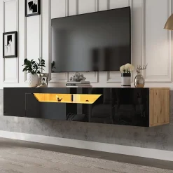 Meuble TV Suspendu avec 2 Portes et 1 Abattante, LED Contrôlable, Panneau de Particules, 180x37x36 cm - Noir + Bois Naturel