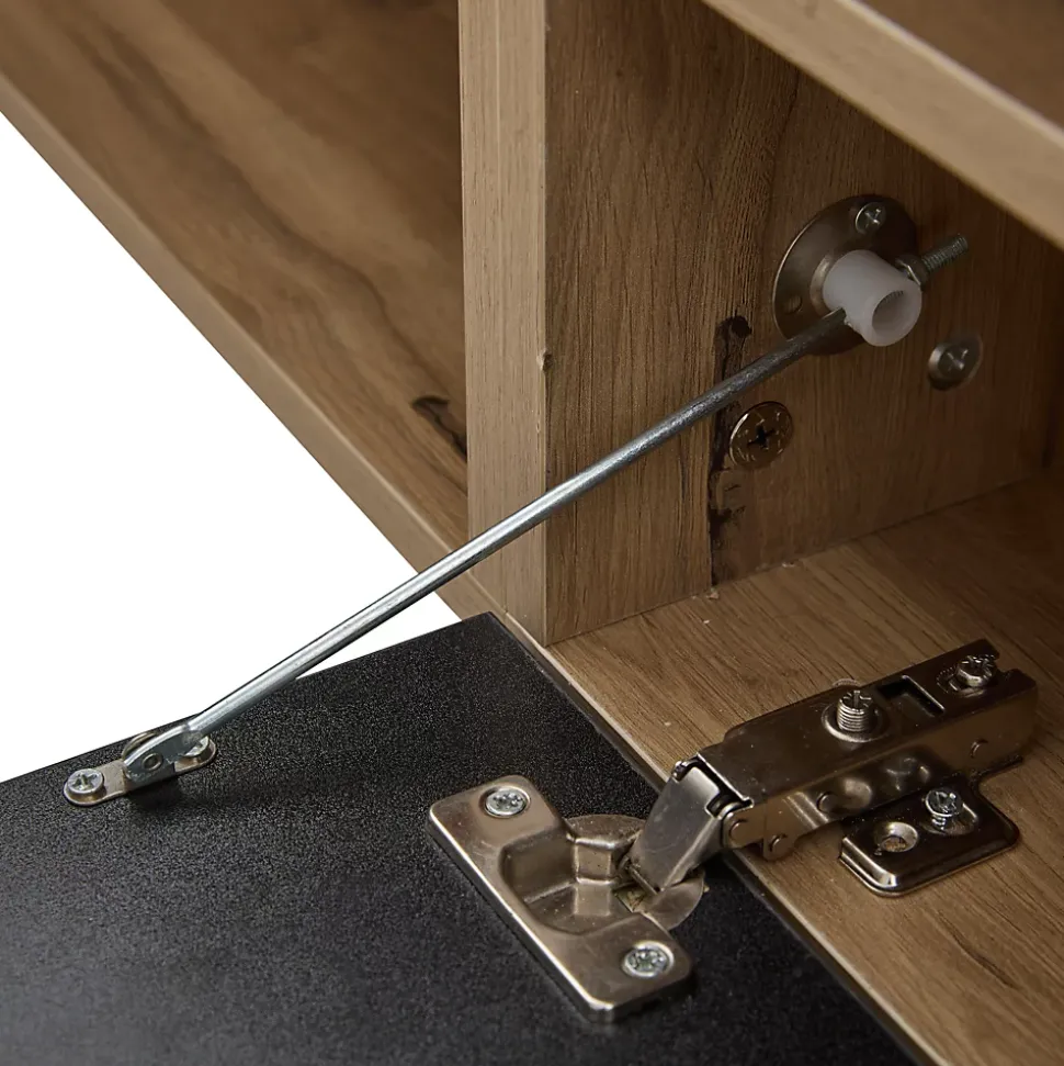 Meuble TV Suspendu avec 2 Portes et 1 Abattante, LED Contrôlable, Panneau de Particules, 180x37x36 cm - Noir + Bois Naturel