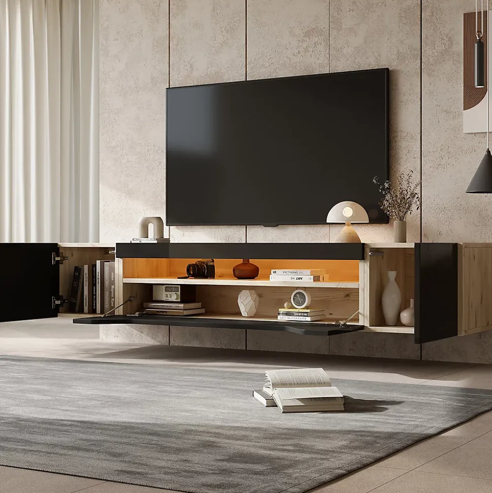 Meuble TV Suspendu avec 2 Portes et 1 Abattante, LED Contrôlable, Panneau de Particules, 180x37x36 cm - Noir + Bois Naturel