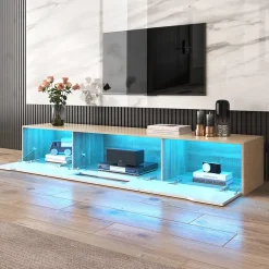 Meuble TV Suspendu, avec Éclairage LED et 3 Compartiments de Rangement, Porte Ajourée sans Vitre, Panneau MDF, Blanc et Naturel