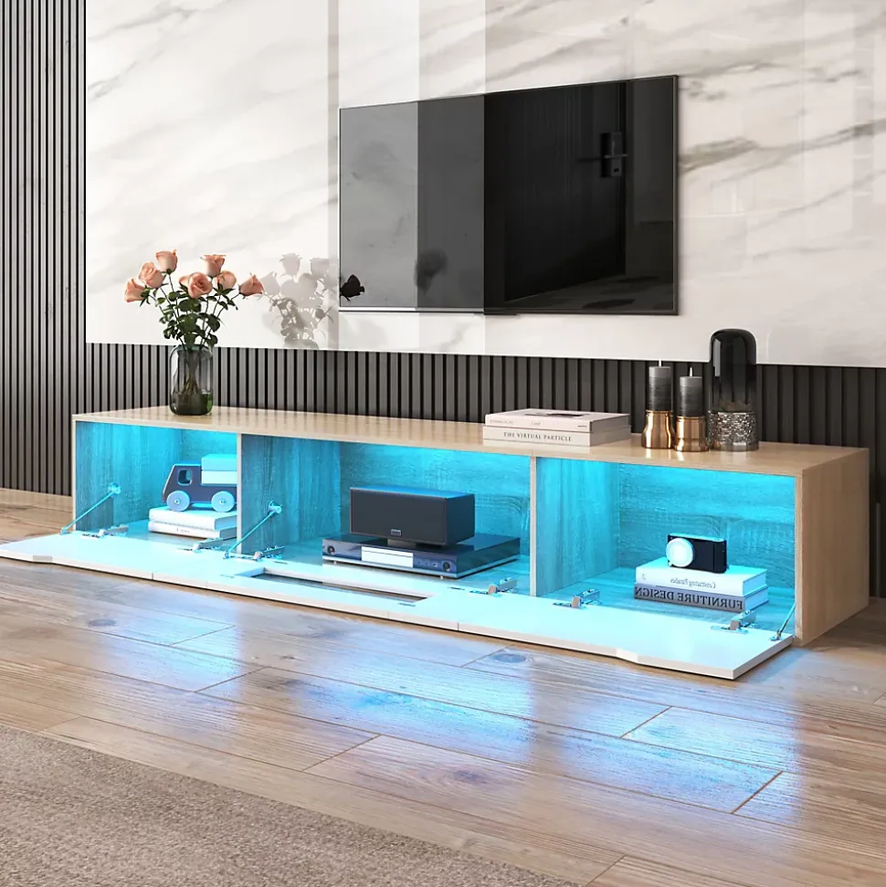 Meuble TV Suspendu, avec Éclairage LED et 3 Compartiments de Rangement, Porte Ajourée sans Vitre, Panneau MDF, Blanc et Naturel