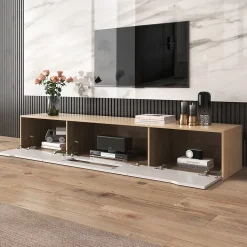Meuble TV Suspendu, avec Éclairage LED et 3 Compartiments de Rangement, Porte Ajourée sans Vitre, Panneau MDF, Blanc et Naturel