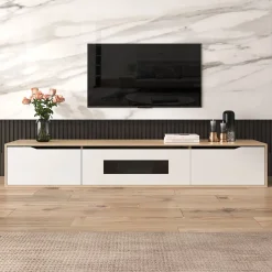 Meuble TV Suspendu, avec Éclairage LED et 3 Compartiments de Rangement, Porte Ajourée sans Vitre, Panneau MDF, Blanc et Naturel