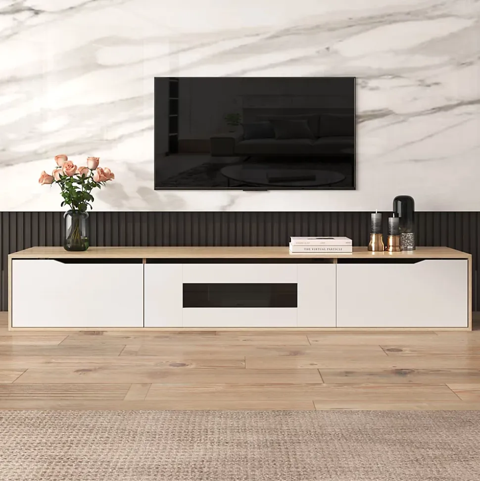 Meuble TV Suspendu, avec Éclairage LED et 3 Compartiments de Rangement, Porte Ajourée sans Vitre, Panneau MDF, Blanc et Naturel