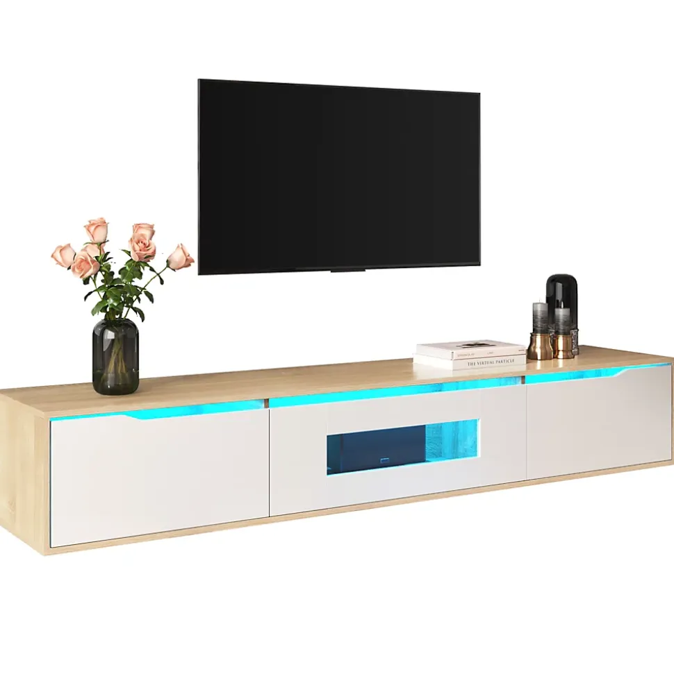 Meuble TV Suspendu, avec Éclairage LED et 3 Compartiments de Rangement, Porte Ajourée sans Vitre, Panneau MDF, Blanc et Naturel