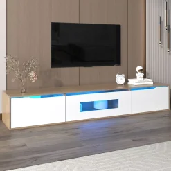 Meuble TV Suspendu, avec Éclairage LED et 3 Compartiments de Rangement, Porte Ajourée sans Vitre, Panneau MDF, Blanc et Naturel
