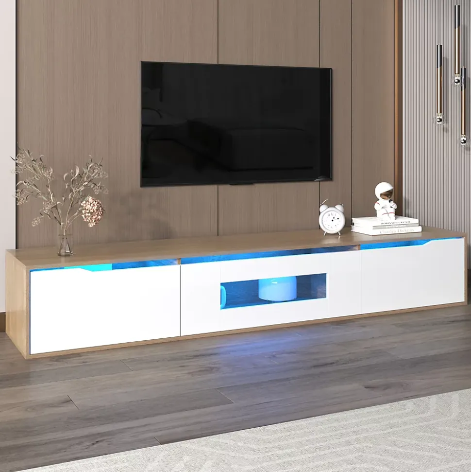 Meuble TV Suspendu, avec Éclairage LED et 3 Compartiments de Rangement, Porte Ajourée sans Vitre, Panneau MDF, Blanc et Naturel