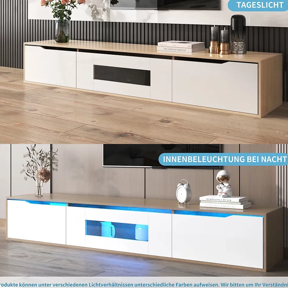 Meuble TV Suspendu, avec Éclairage LED et 3 Compartiments de Rangement, Porte Ajourée sans Vitre, Panneau MDF, Blanc et Naturel
