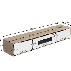 Meuble TV Suspendu, avec Éclairage LED et 3 Compartiments de Rangement, Porte Ajourée sans Vitre, Panneau MDF, Blanc et Naturel