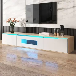 Meuble TV Suspendu, avec Éclairage LED et 3 Compartiments de Rangement, Porte Ajourée sans Vitre, Panneau MDF, Blanc et Naturel