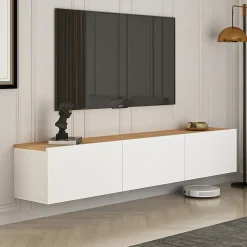 Meuble TV suspendu avec placards 150cm blanc et bois - HAL