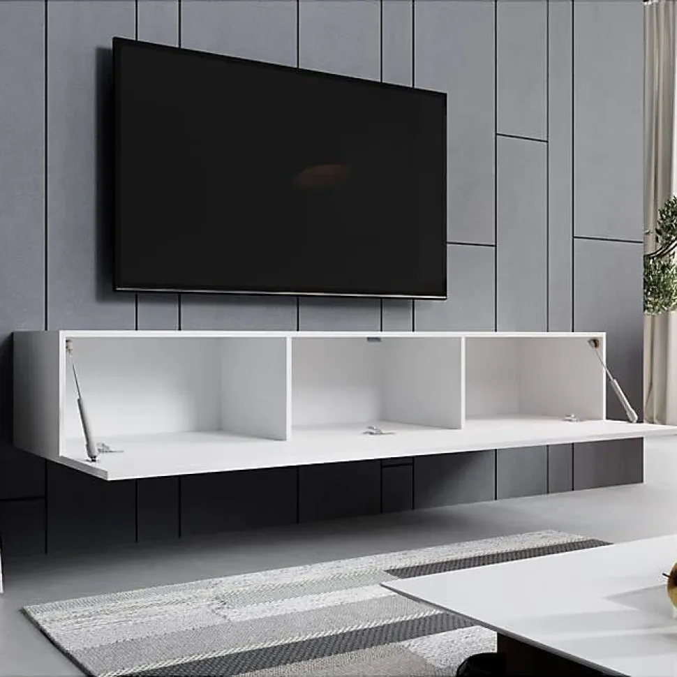 Meuble TV suspendu blanc brillant - 1 porte, 3 compart. - MDF/mélamine - L180 x P30 x H40 cm