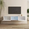 Meuble TV suspendu contemporain - Blanc brillant - Mélaminé - 2 portes + vitrine - 160 x 30 x 38,5 cm
