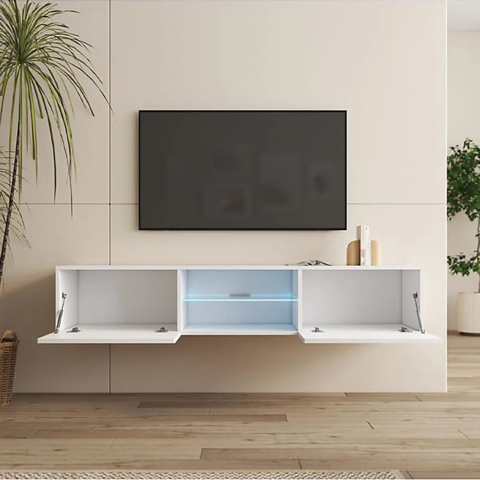 Meuble TV suspendu contemporain - Blanc brillant - Mélaminé - 2 portes + vitrine - 160 x 30 x 38,5 cm
