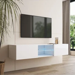 Meuble TV suspendu contemporain - Blanc brillant - Mélaminé - 2 portes + vitrine - 160 x 30 x 38,5 cm