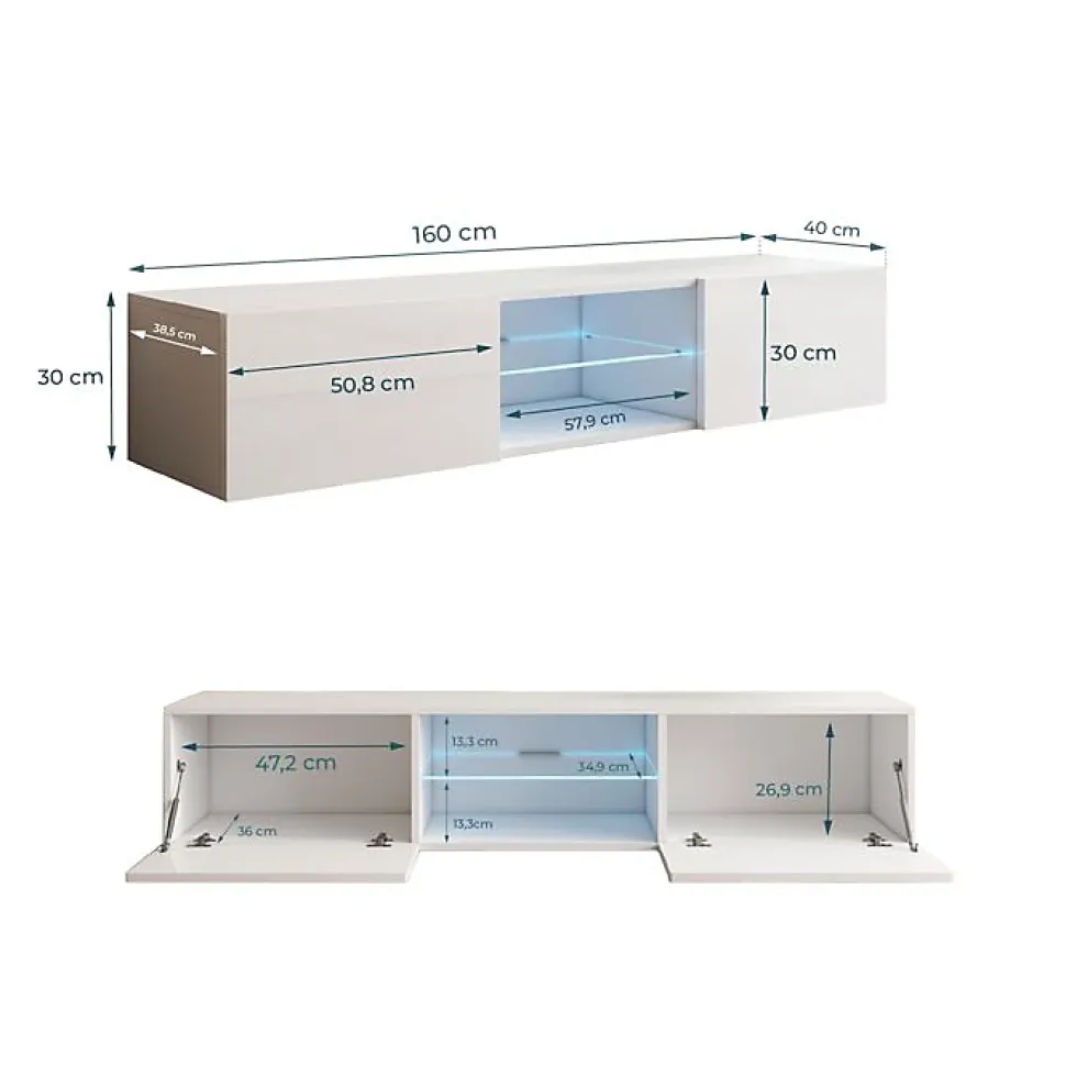 Meuble TV suspendu contemporain - Blanc brillant - Mélaminé - 2 portes + vitrine - 160 x 30 x 38,5 cm