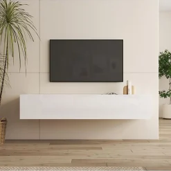 Meuble TV suspendu contemporain - Blanc brillant - 160x30x40 cm