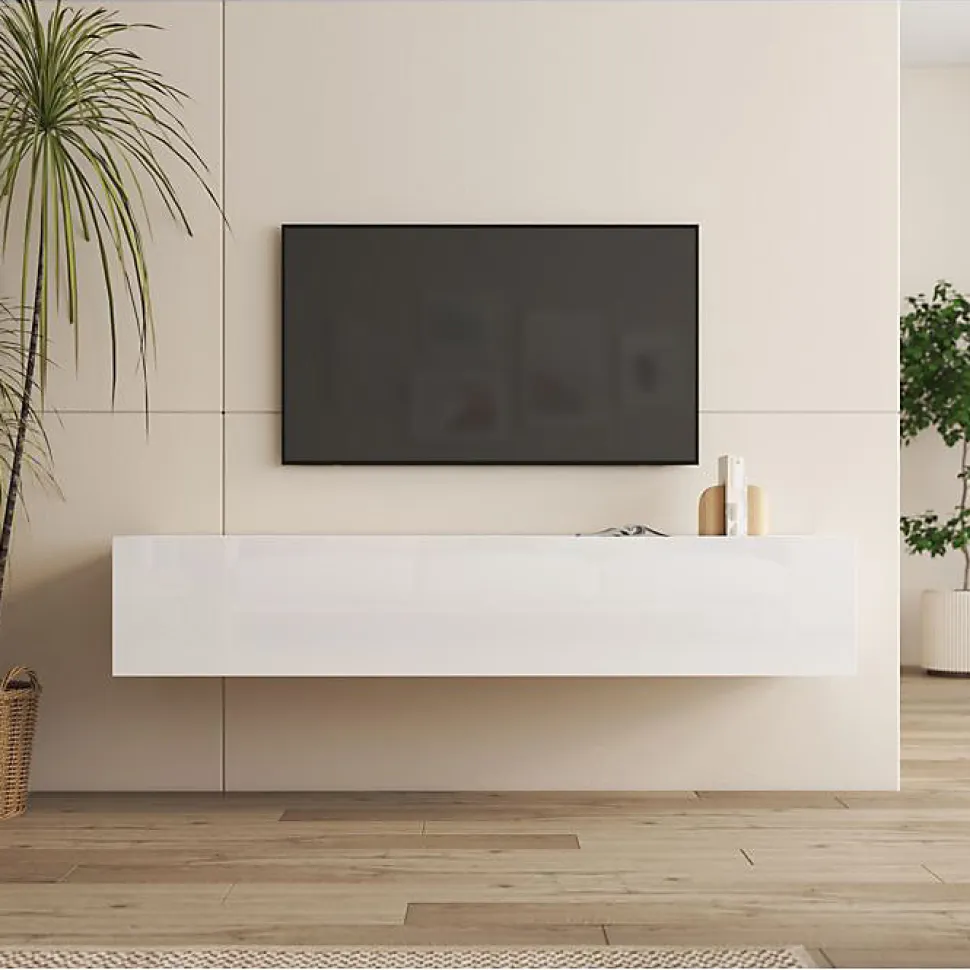 Meuble TV suspendu contemporain - Blanc brillant - 160x30x40 cm