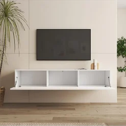 Meuble TV suspendu contemporain - Blanc brillant - 160x30x40 cm