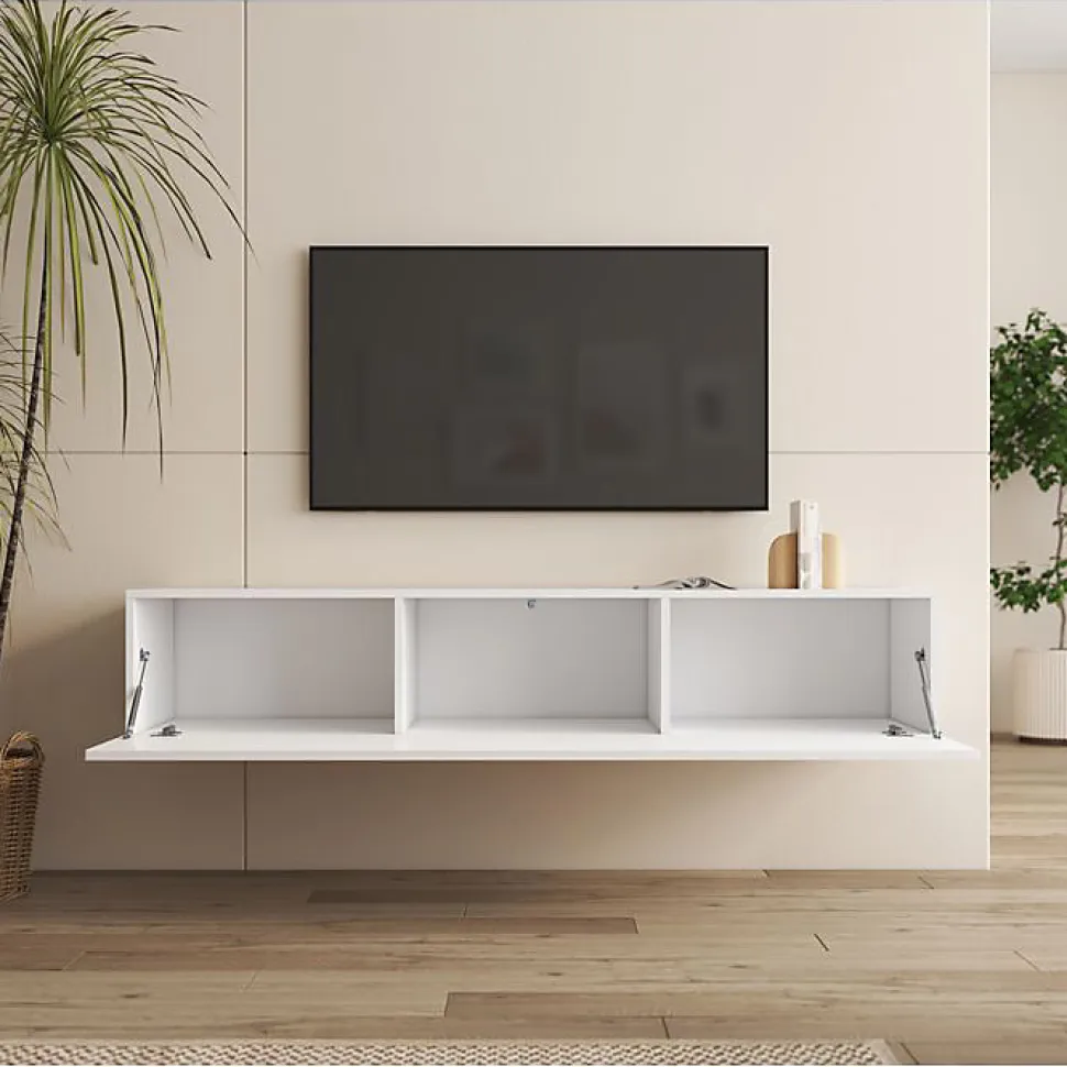 Meuble TV suspendu contemporain - Blanc brillant - 160x30x40 cm