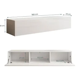 Meuble TV suspendu contemporain - Blanc brillant - 160x30x40 cm