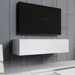 Meuble TV suspendu contemporain - Blanc brillant - 1 porte, 2 compartiments - L120 x P30 x H40 cm