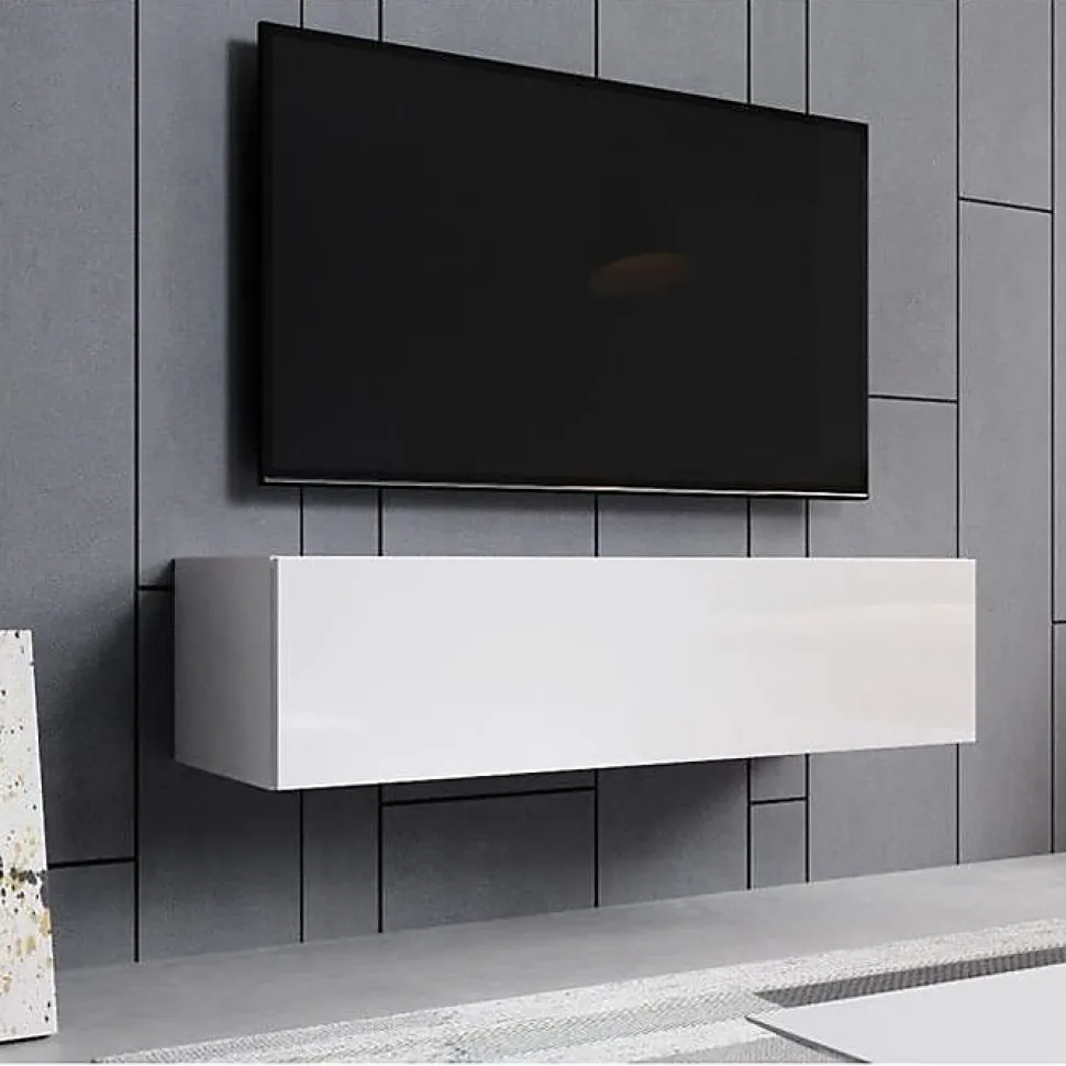 Meuble TV suspendu contemporain - Blanc brillant - 1 porte, 2 compartiments - L120 x P30 x H40 cm