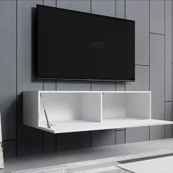 Meuble TV suspendu contemporain - Blanc brillant - 1 porte, 2 compartiments - L120 x P30 x H40 cm