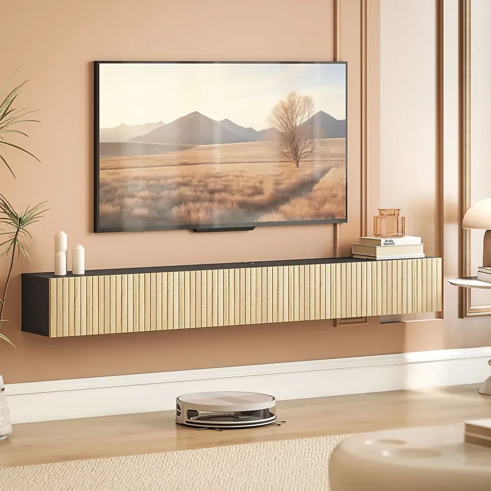 Meuble TV suspendu design façade effet bois clair cannelé 140 cm 2 portes abattantes noir naturel