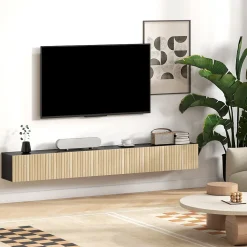 Meuble TV suspendu design façade effet bois clair cannelé 140 cm 2 portes abattantes noir naturel