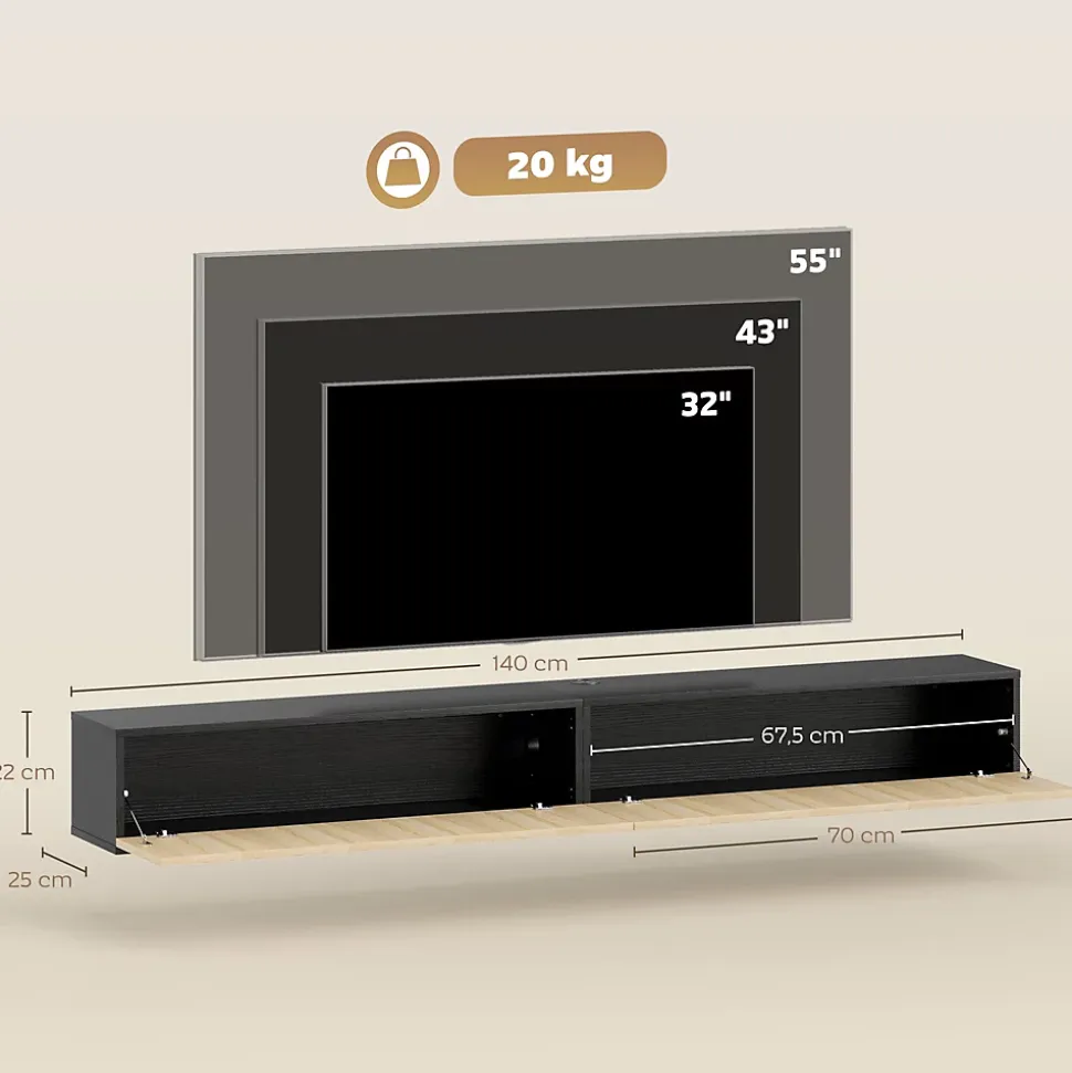 Meuble TV suspendu design façade effet bois clair cannelé 140 cm 2 portes abattantes noir naturel