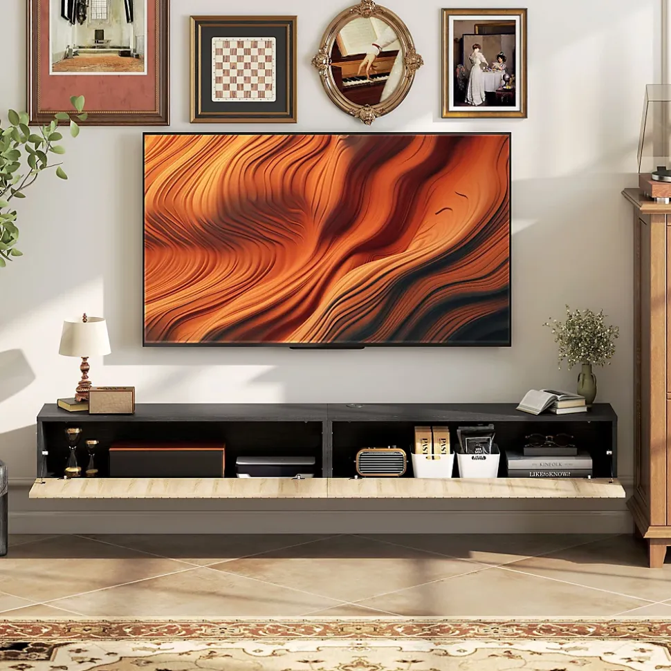 Meuble TV suspendu design façade effet bois clair cannelé 140 cm 2 portes abattantes noir naturel