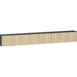Meuble TV suspendu design façade effet bois clair cannelé 140 cm 2 portes abattantes noir naturel