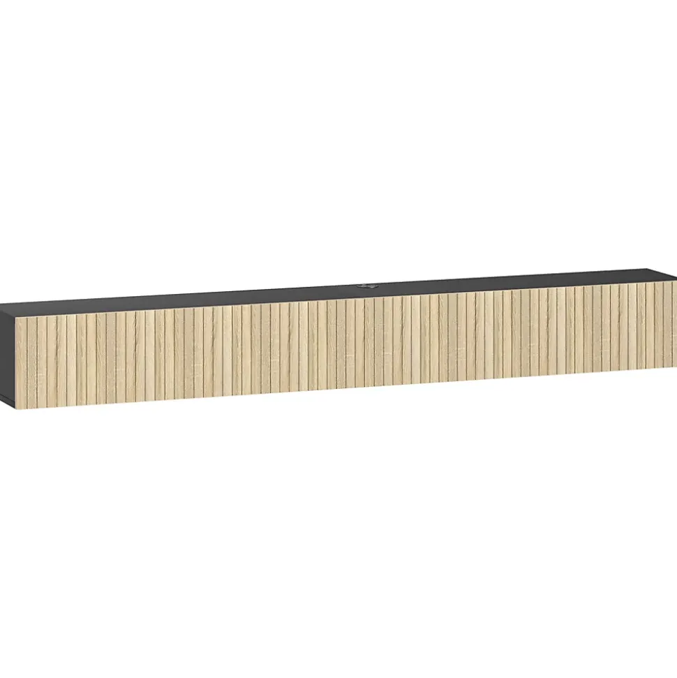 Meuble TV suspendu design façade effet bois clair cannelé 140 cm 2 portes abattantes noir naturel